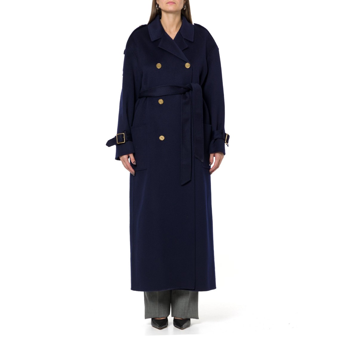 Cappotto lungo con cintura e bottoni logati Elisabetta Franchi