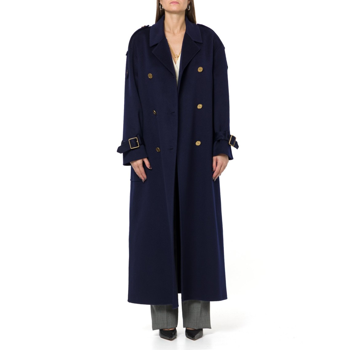 Cappotto lungo con cintura e bottoni logati Elisabetta Franchi