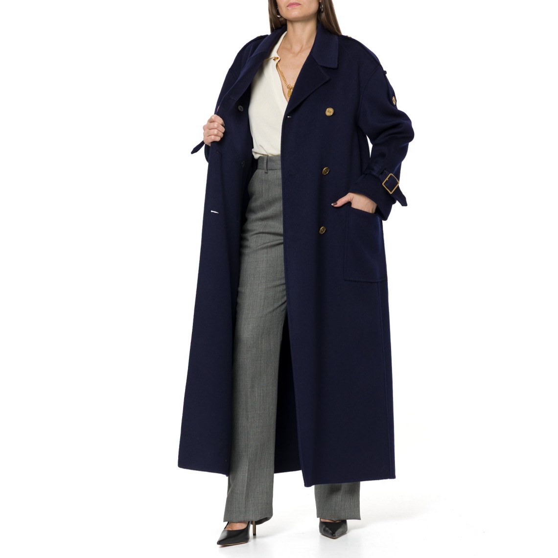 Cappotto lungo con cintura e bottoni logati Elisabetta Franchi