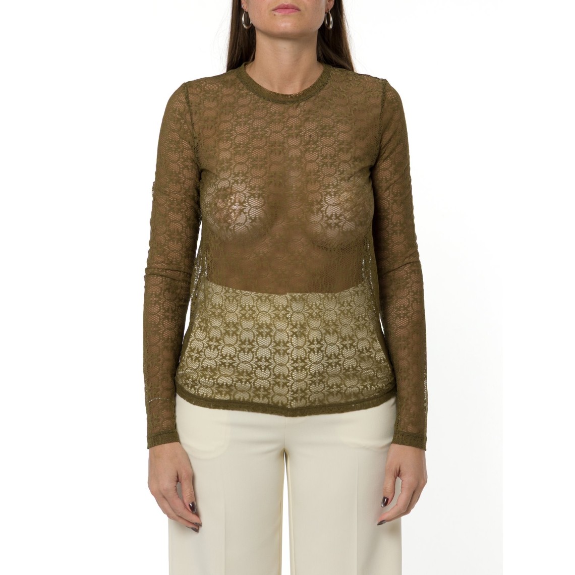Maglia Rover in pizzo stretch con motivo logo Love Birds Pinko