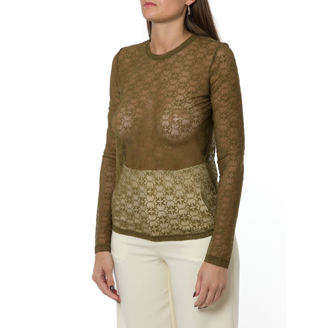 Maglia Rover in pizzo stretch con motivo logo Love Birds Pinko