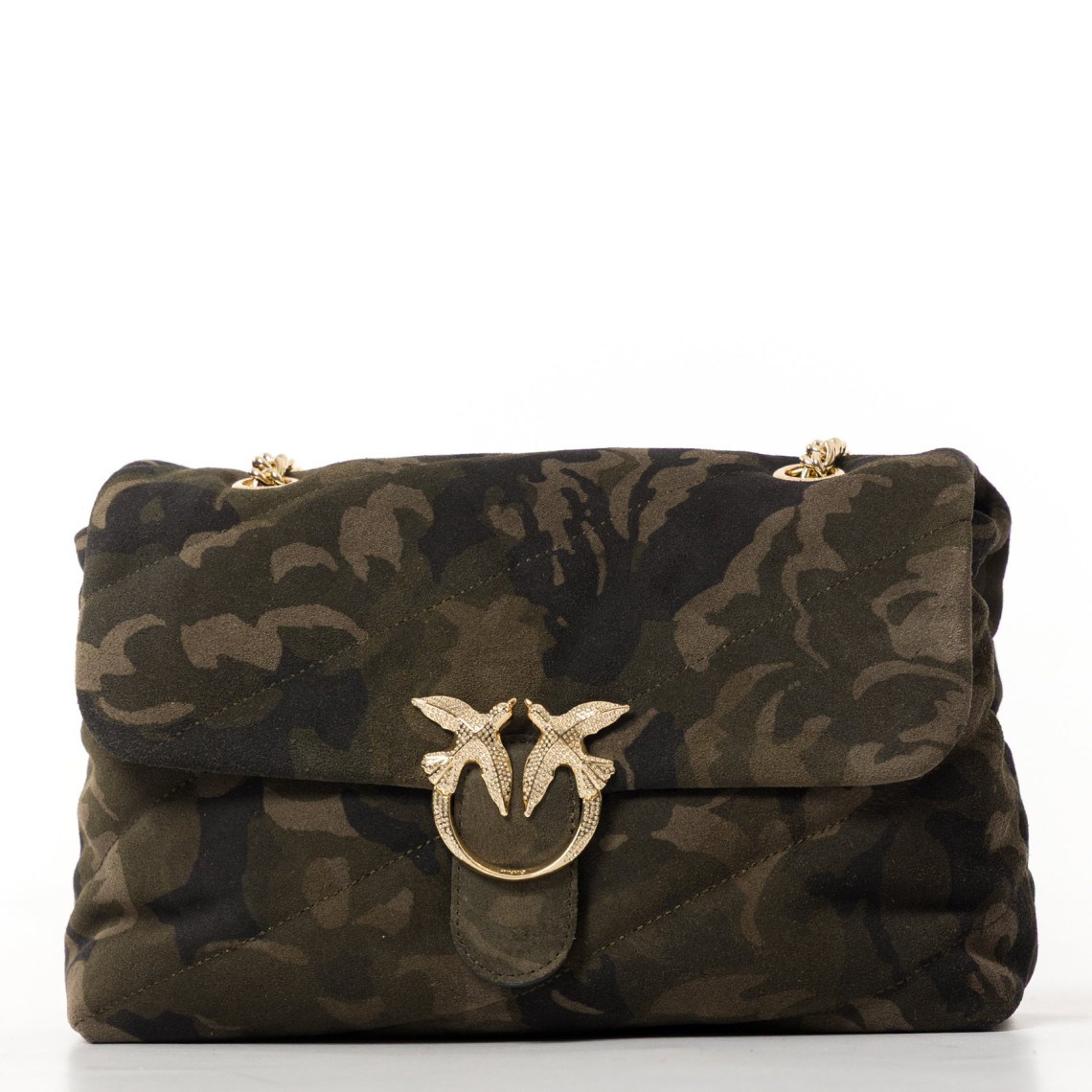Borsa Pinko a tracolla media Love Bag Puff in suede con stampa camouflage e fibbia gioiello