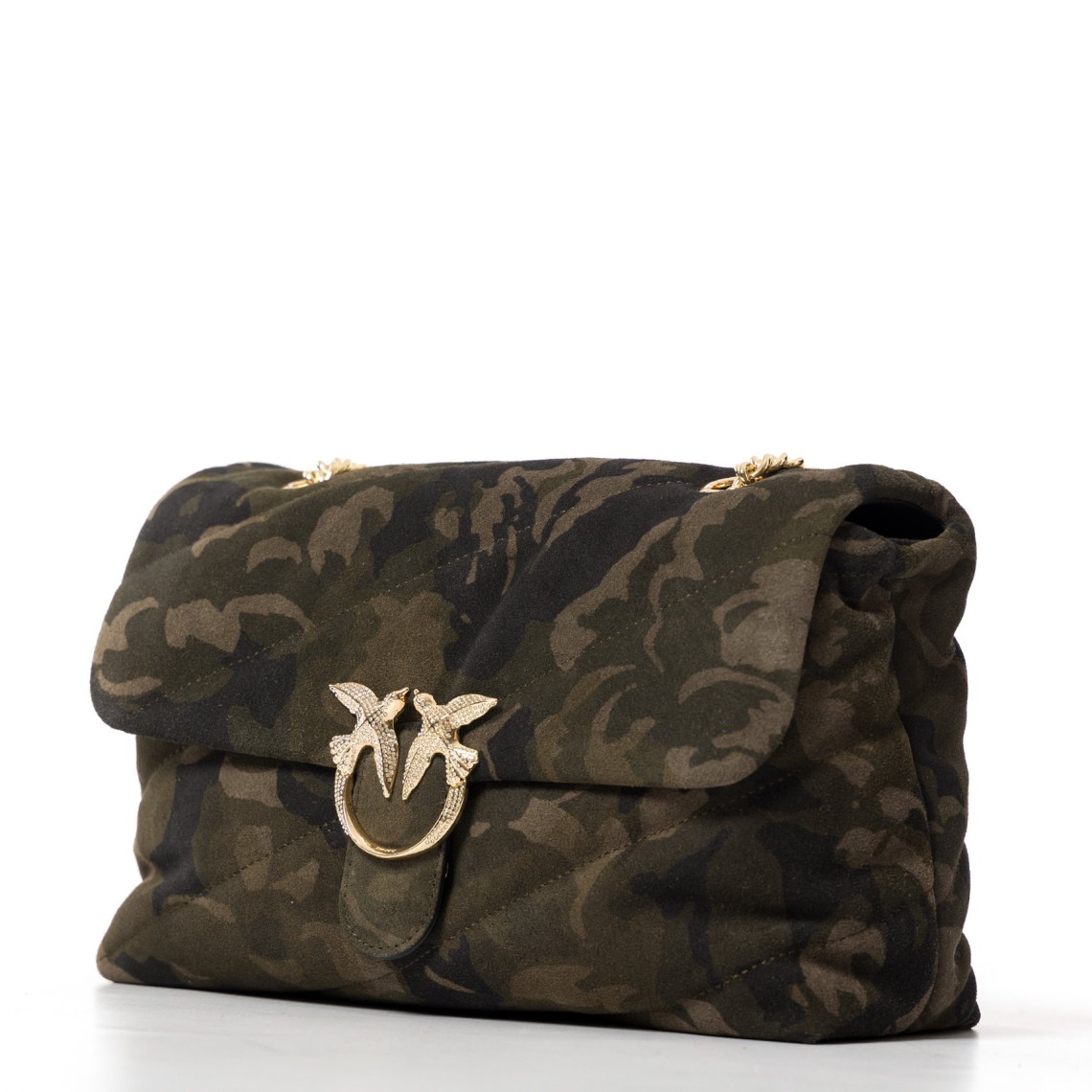 Borsa Pinko a tracolla media Love Bag Puff in suede con stampa camouflage e fibbia gioiello