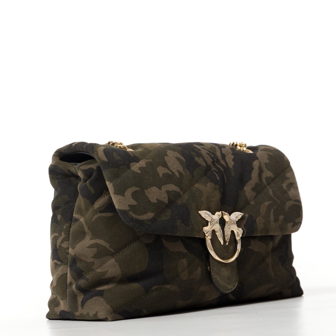 Borsa Pinko a tracolla media Love Bag Puff in suede con stampa camouflage e fibbia gioiello