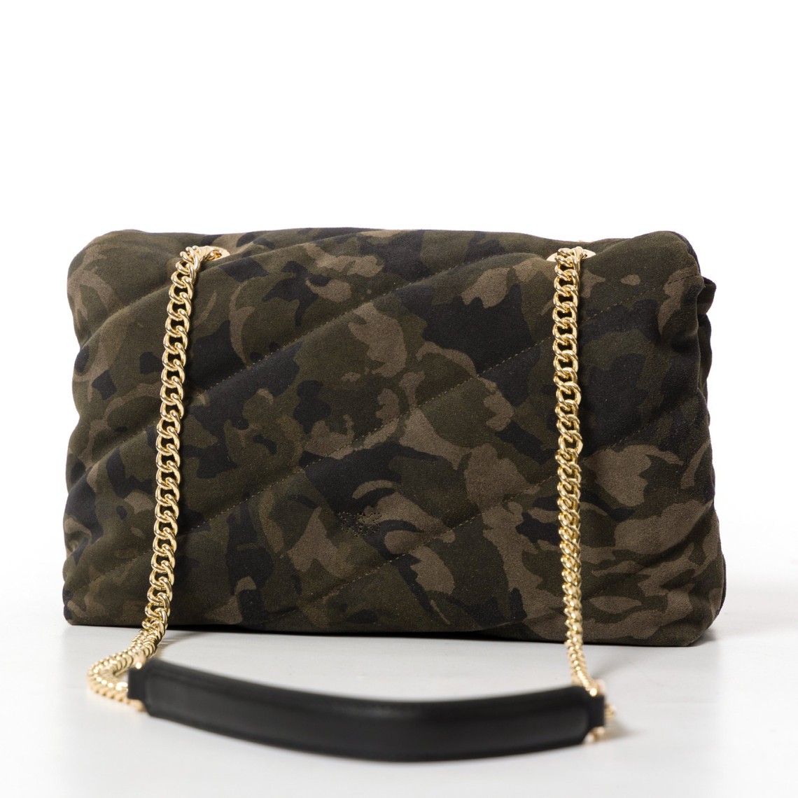 Borsa Pinko a tracolla media Love Bag Puff in suede con stampa camouflage e fibbia gioiello