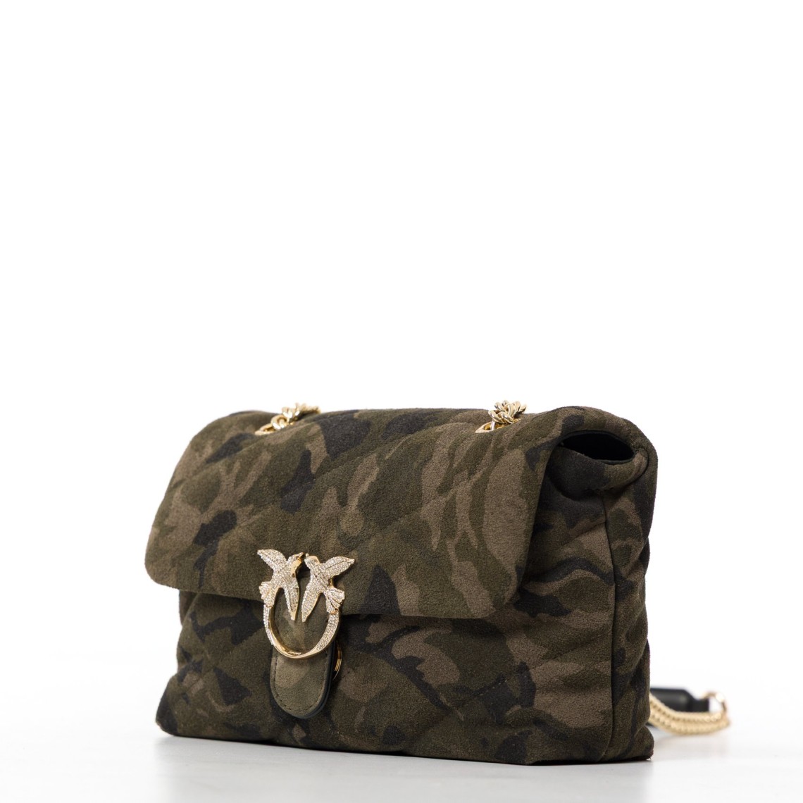 Borsa Pinko a tracolla Mini Love Bag Puff in suede con stampa camouflage e fibbia gioiello