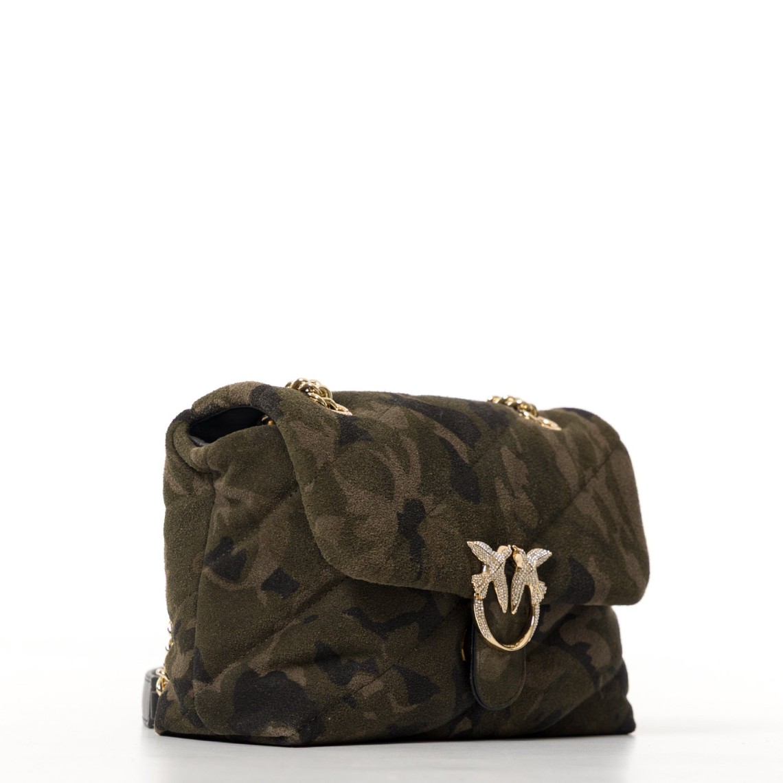 Borsa Pinko a tracolla Mini Love Bag Puff in suede con stampa camouflage e fibbia gioiello