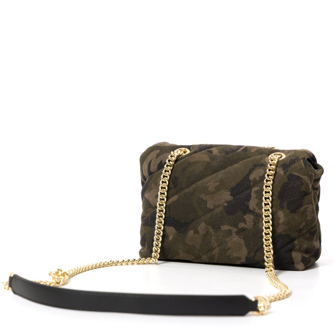 Borsa Pinko a tracolla Mini Love Bag Puff in suede con stampa camouflage e fibbia gioiello