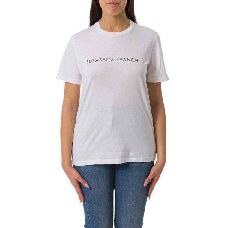 T-shirt in jersey con strass logo Elisabetta Franchi