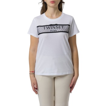 T-shirt con balza in tulle e ricamo logo Twinset