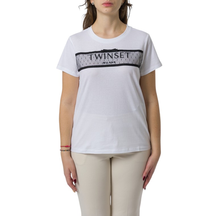 T-shirt con balza in tulle e ricamo logo Twinset