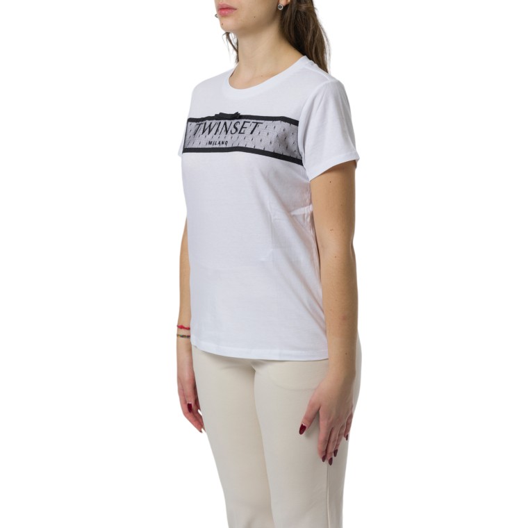 T-shirt con balza in tulle e ricamo logo Twinset