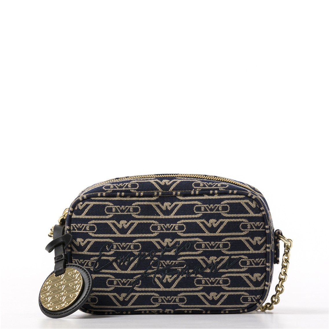 Camera case in canvas jacquard monogram all over e tracolla a catena Emporio Armani