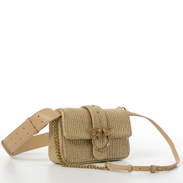 Borsa a spalla Mini Love Bag Slouchy Pinko in rafia laminata