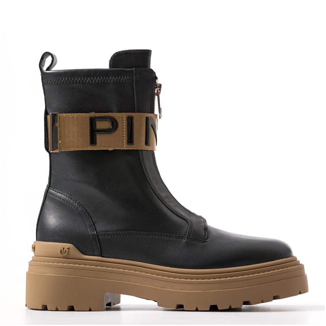 Anfibi in pelle con nastro stretch logato davanti Pinko