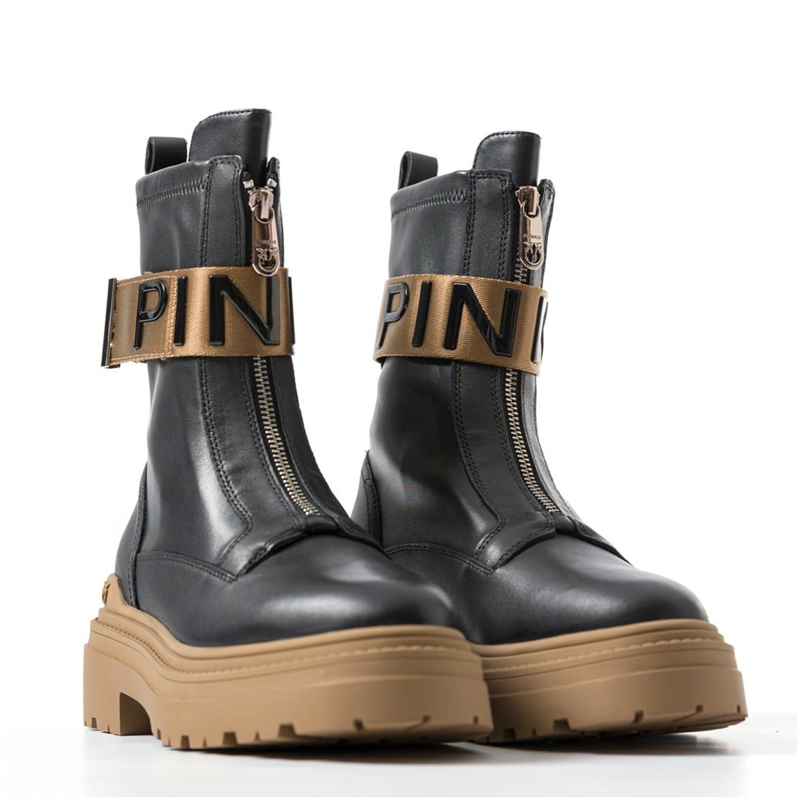 Anfibi in pelle con nastro stretch logato davanti Pinko