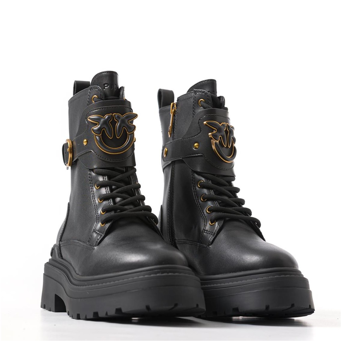 Anfibi in pelle con cinturino logato davanti Pinko