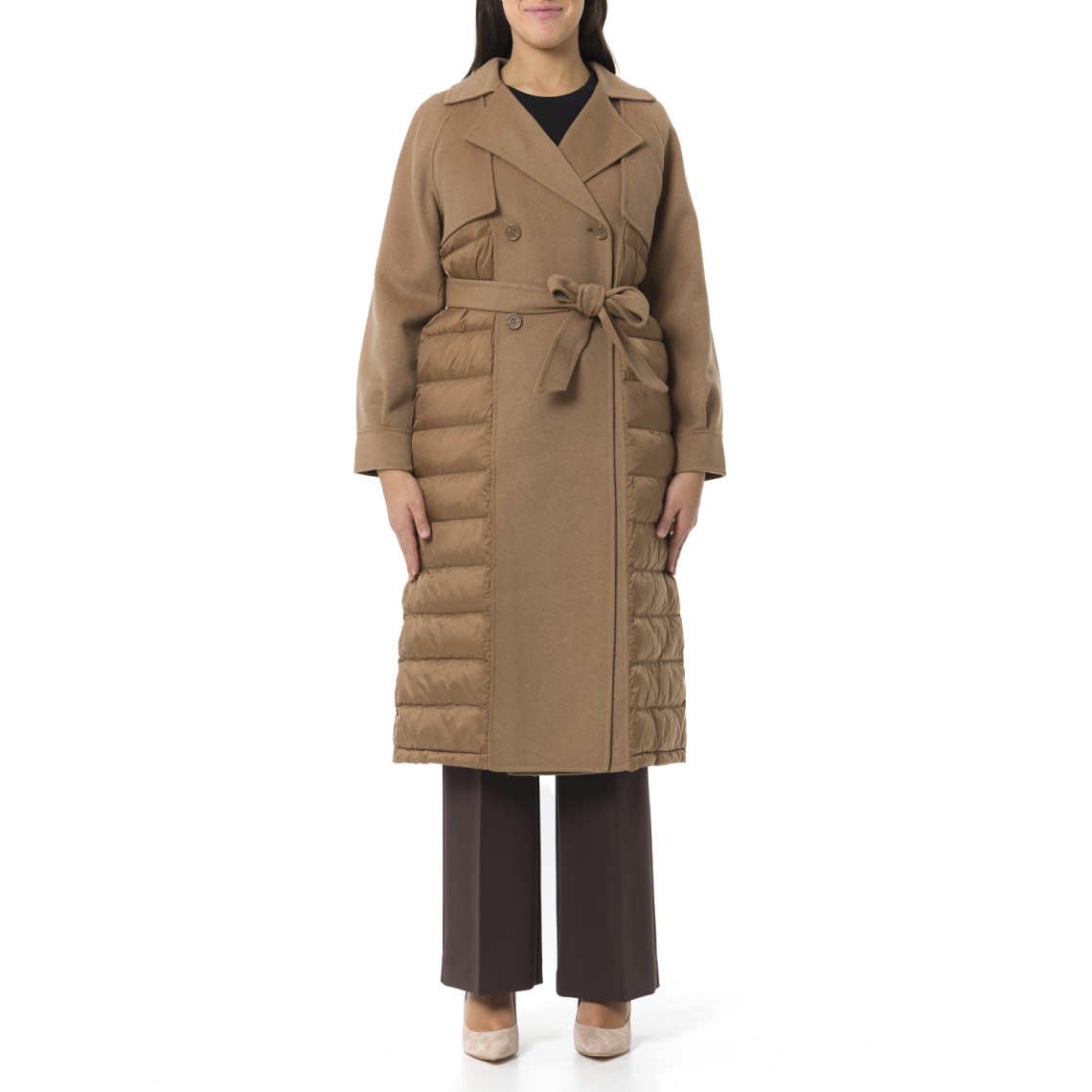 Cappotto Twinset in misto lana con inserti trapuntati e cintura