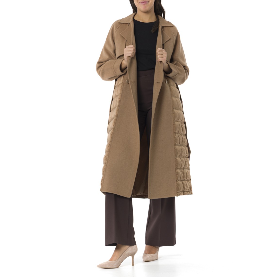 Cappotto Twinset in misto lana con inserti trapuntati e cintura