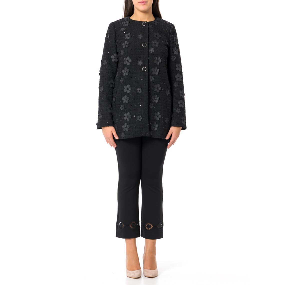 Cappotto bouclé con fiori e paillettes Twinset