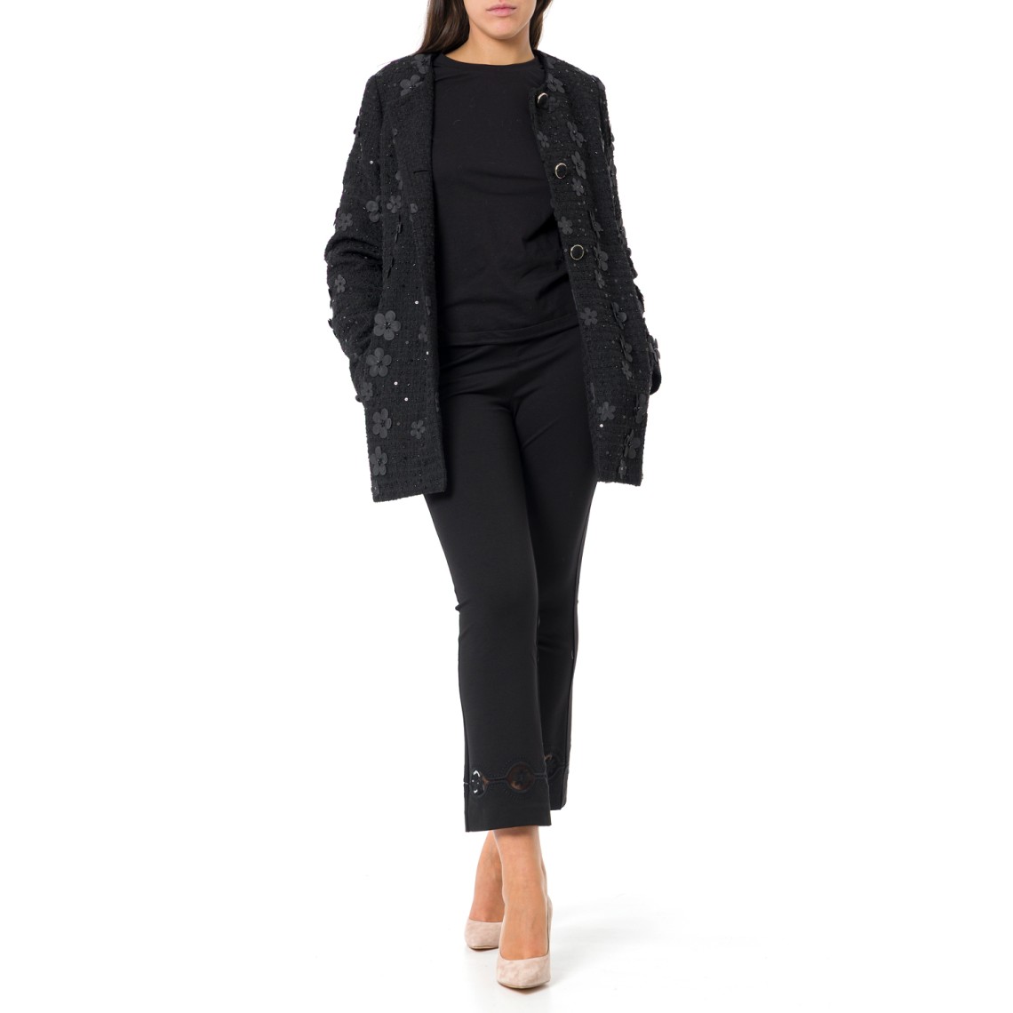 Cappotto bouclé con fiori e paillettes Twinset