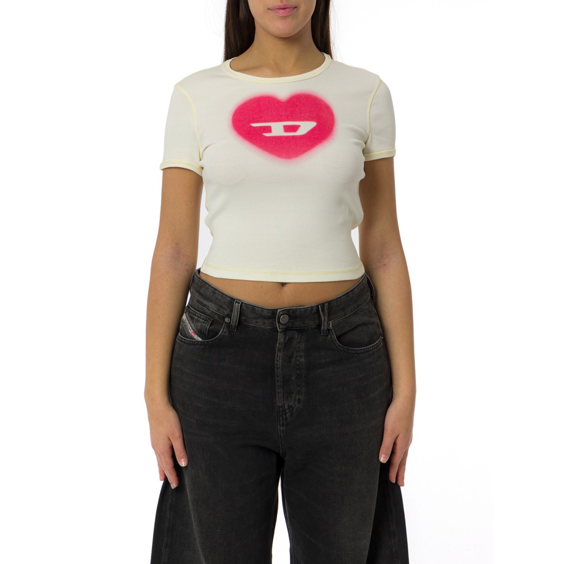 T-shirt a costine Diesel con stampa cuore effetto acquerello