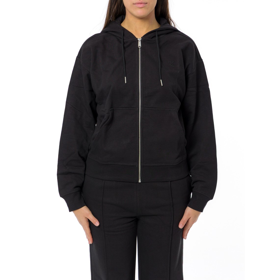 Felpa con cappuccio con zip integrale in spugna di cotone Calvin Klein Jeans