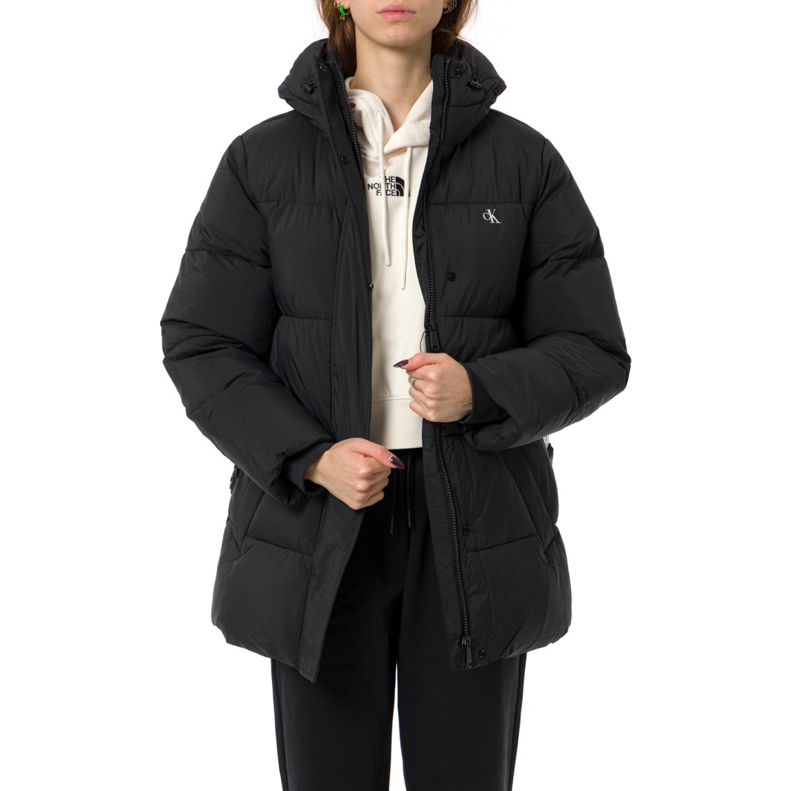 Piumino con cappuccio e cintura con logo Calvin Klein Jeans