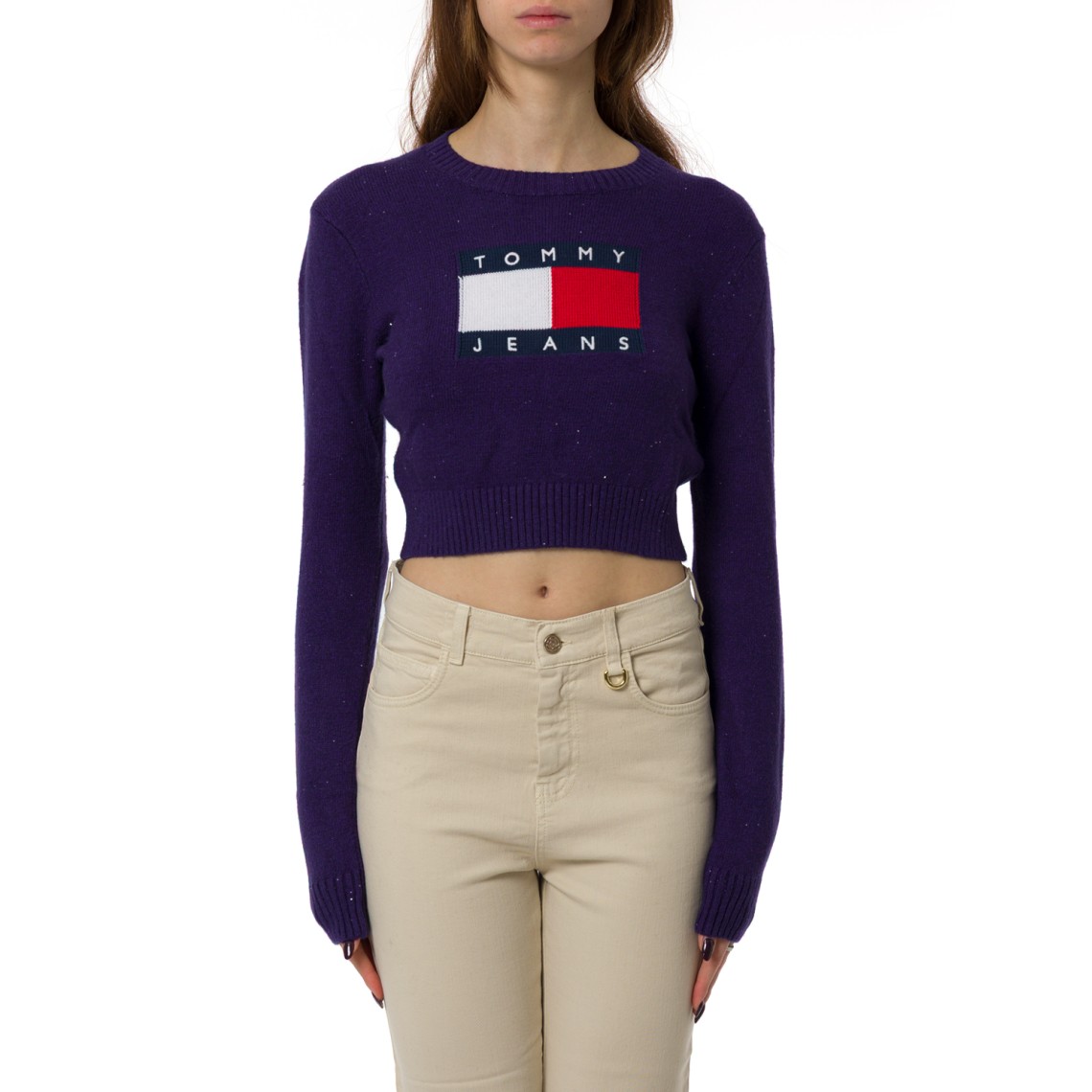 Pullover slim fit con paillettes e bandiera Tommy Jeans