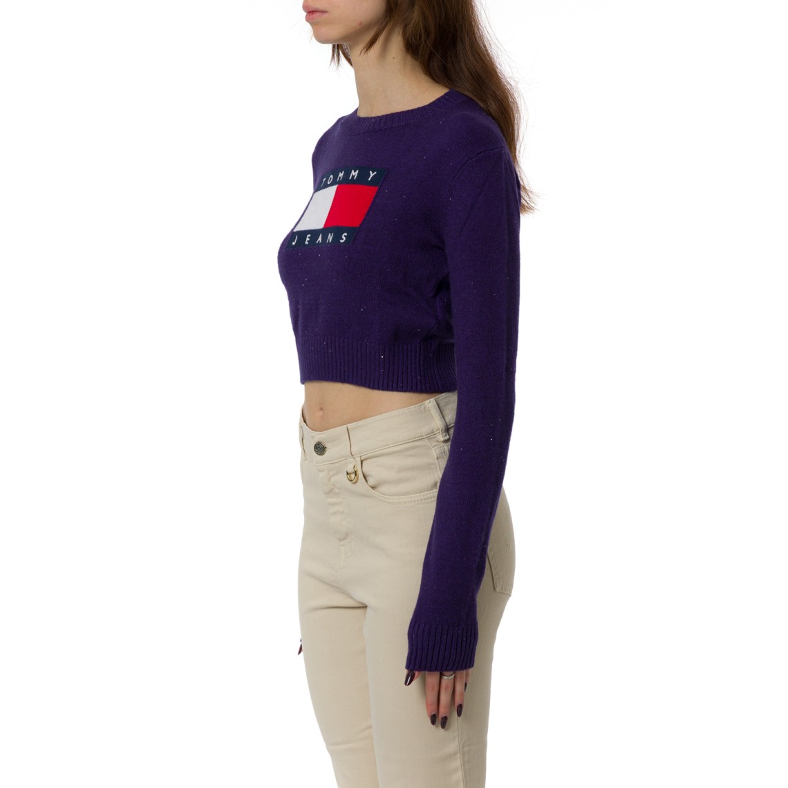 Pullover slim fit con paillettes e bandiera Tommy Jeans