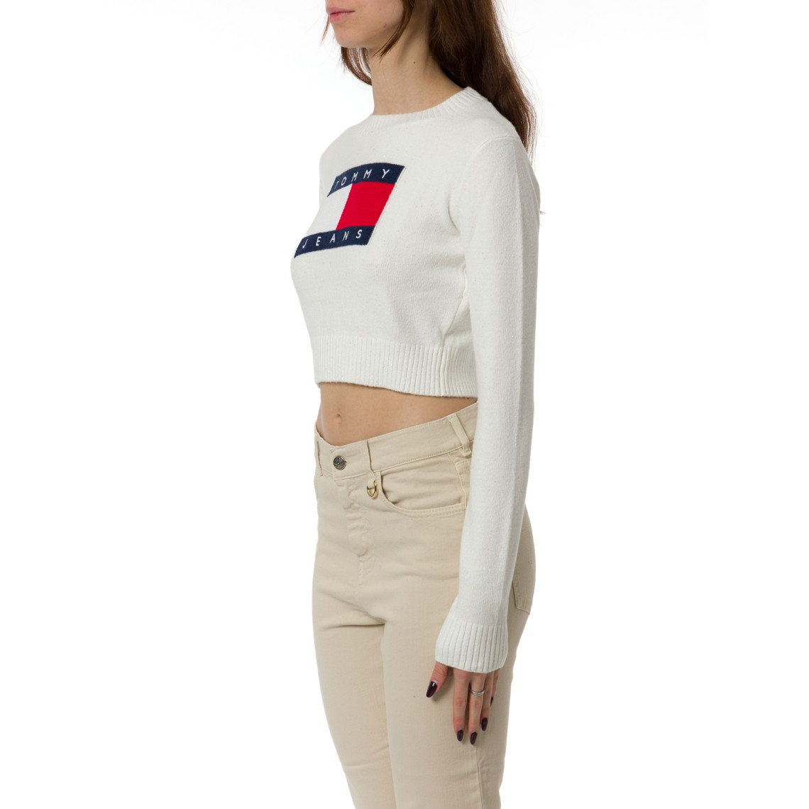 Pullover slim fit con paillettes e bandiera Tommy Jeans