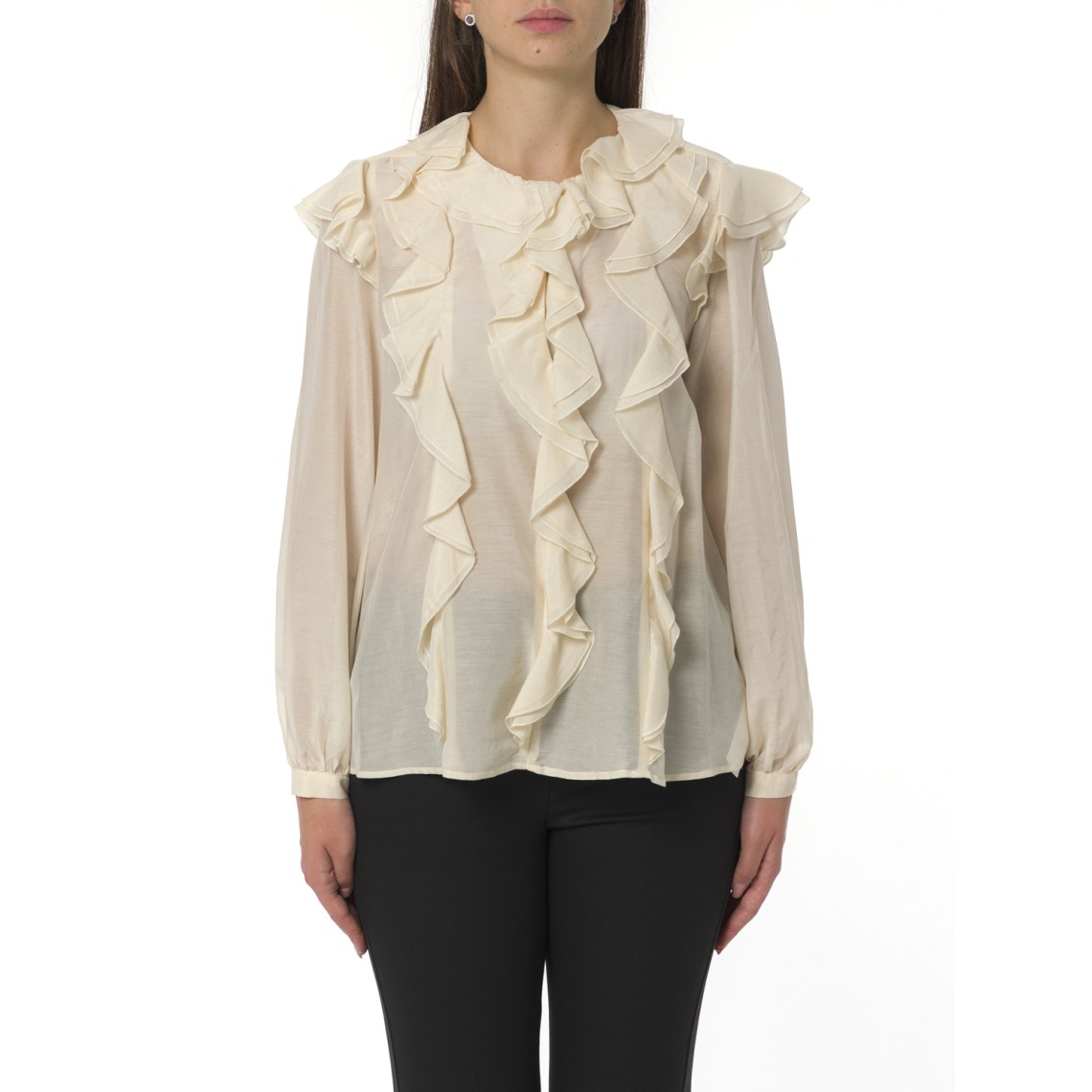 Blusa in mussola misto seta i Blues con ruches