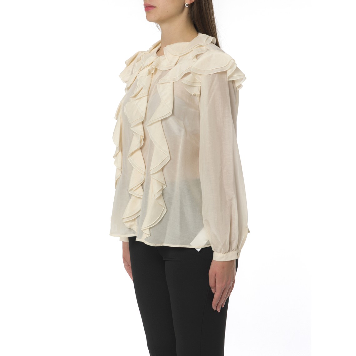 Blusa in mussola misto seta i Blues con ruches