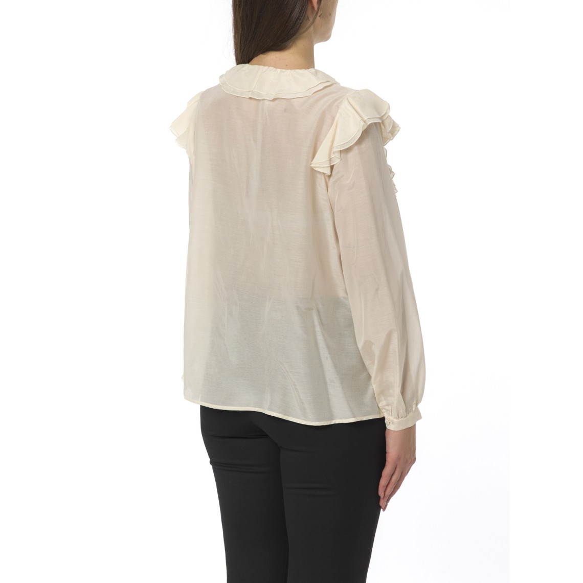 Blusa in mussola misto seta i Blues con ruches