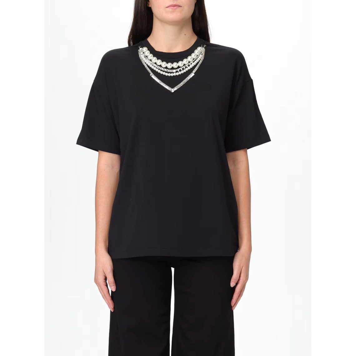 T-shirt in cotone con perle e strass Liu Jo