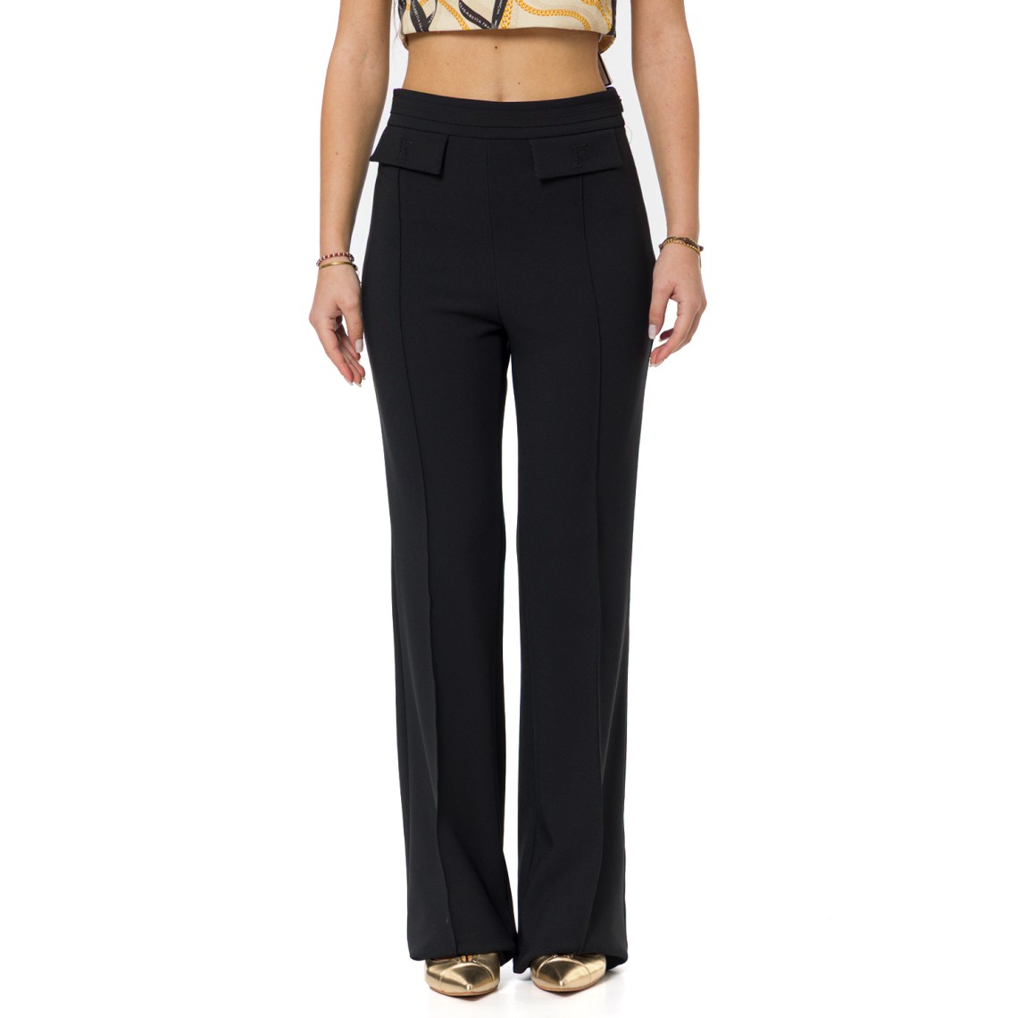 Pantaloni in doppio crêpe stretch con logo ricamato Elisabetta Franchi