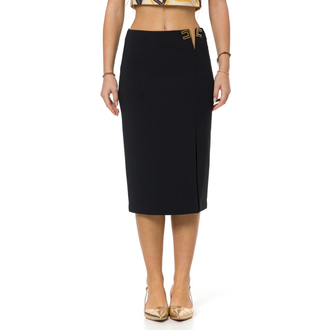 Gonna in doppio crêpe stretch con dettagli logo Elisabetta Franchi