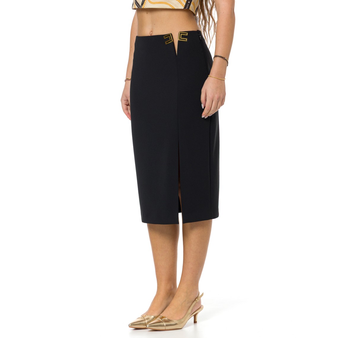 Gonna in doppio crêpe stretch con dettagli logo Elisabetta Franchi