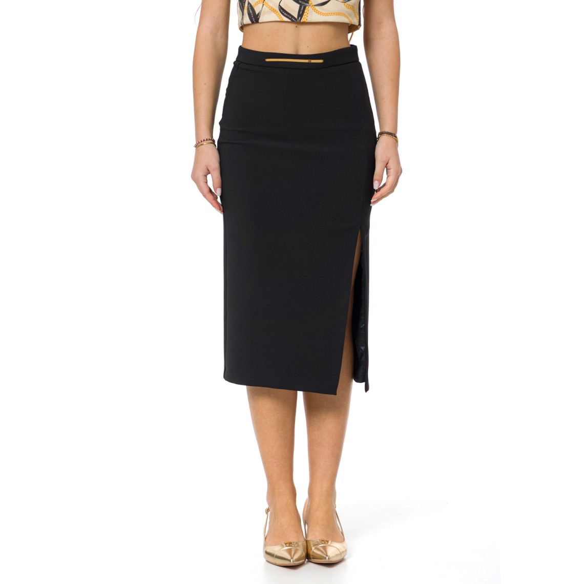 Gonna in crêpe leggero con placca gioiello Elisabetta Franchi