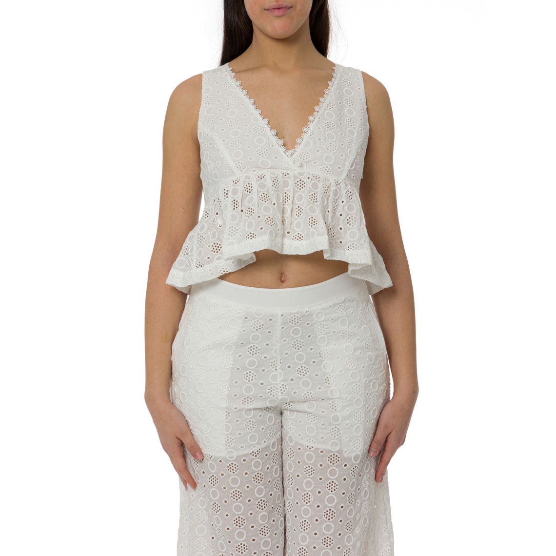 Crop top con volant e motivo traforato Kiersten Pinko