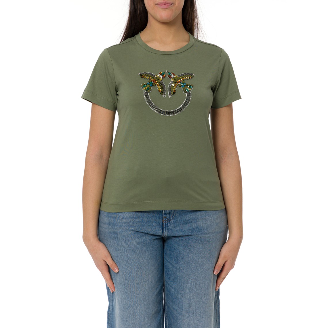 T-shirt con maxi ricamo gioiello Love Birds Quentin Pinko