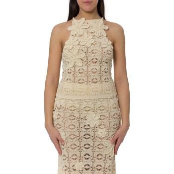 Top Nymphaea effetto uncinetto con fiori applicati Pinko