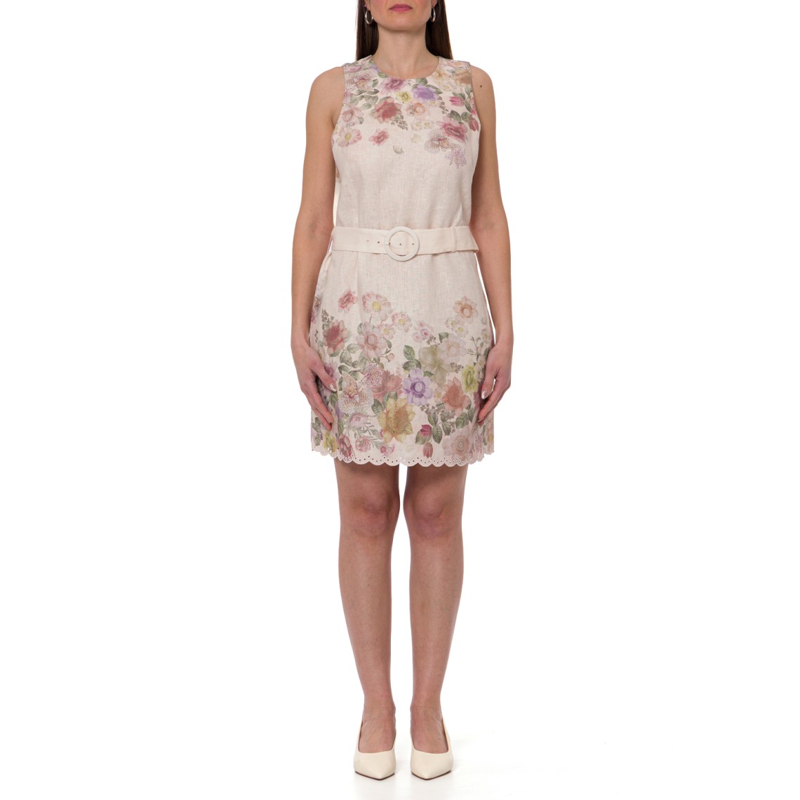 Abito corto in lino a fiori con ricamo Twinset