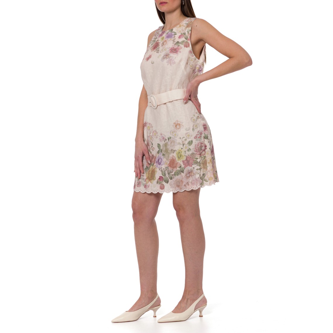 Abito corto in lino a fiori con ricamo Twinset