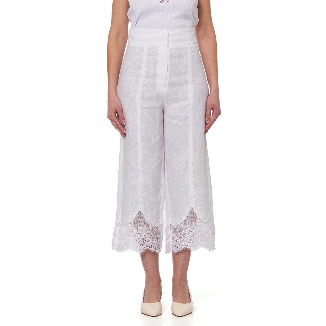 Pantaloni cropped in lino con pizzo Twinset