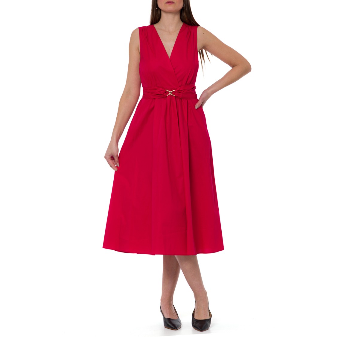 Abito longuette in popeline con cintura logo Twinset