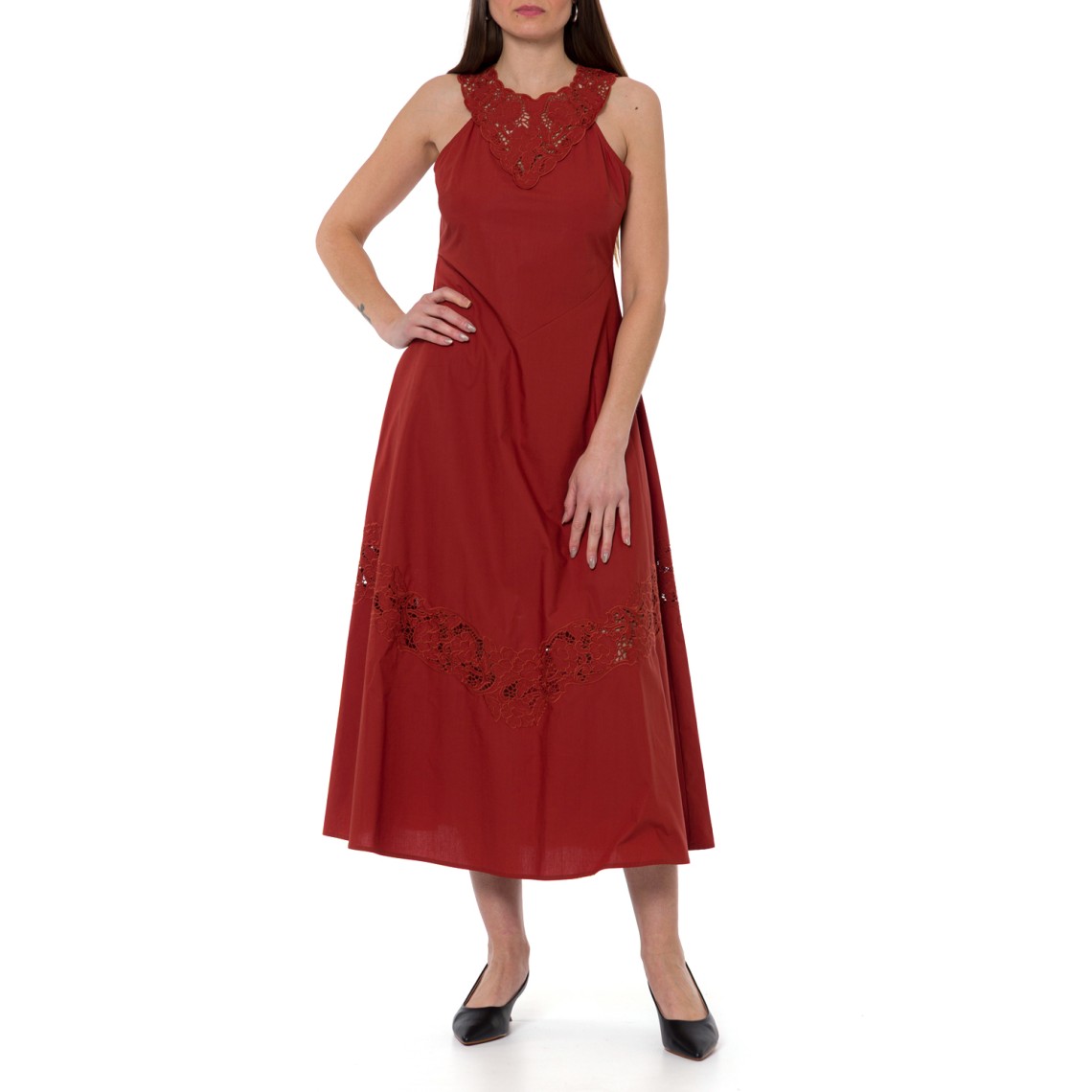 Abito lungo in popeline e sangallo Twinset