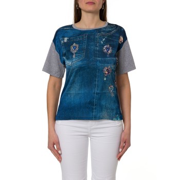 T-shirt con stampa denim e applicazioni gioiello Liu Jo