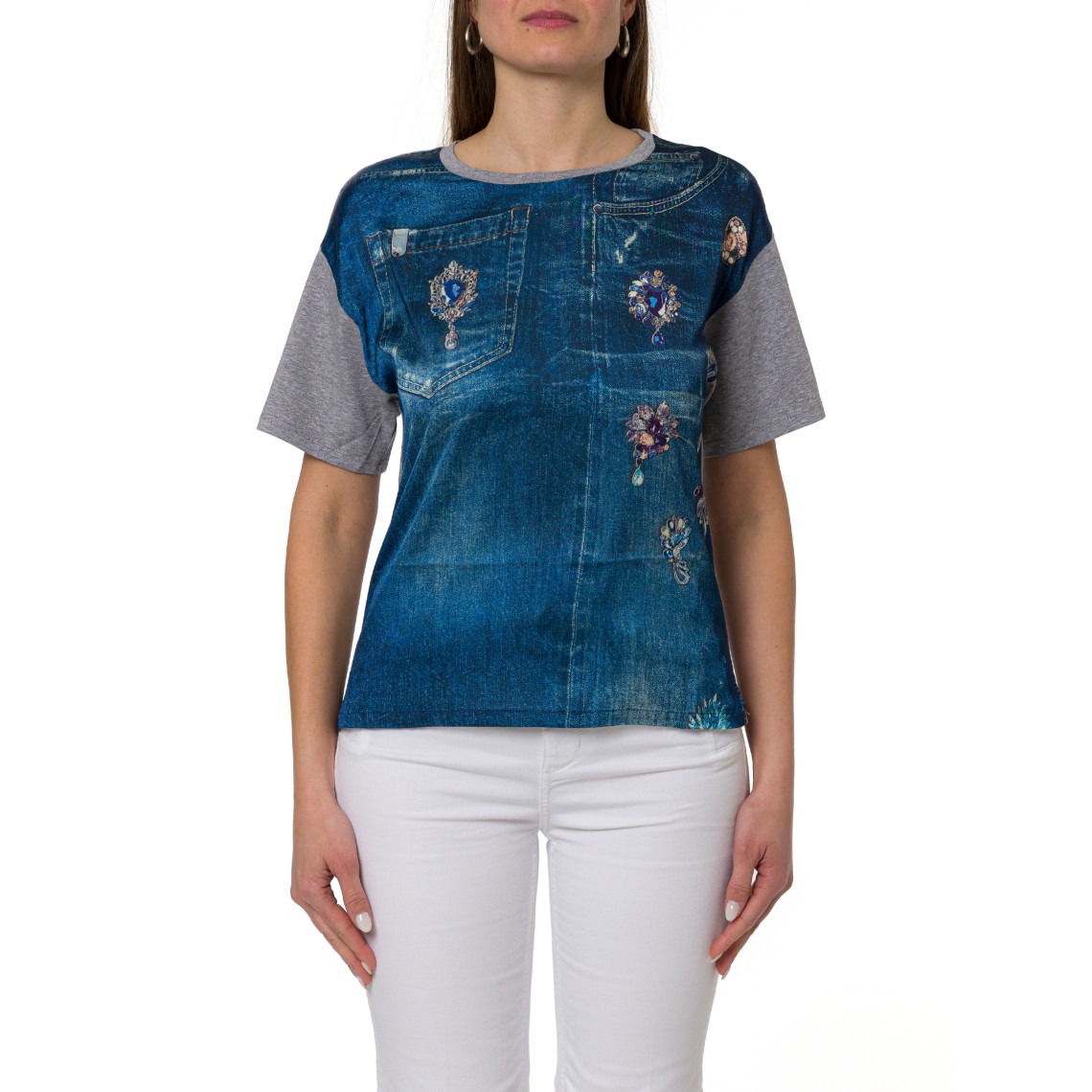 T-shirt con stampa denim e applicazioni gioiello Liu Jo