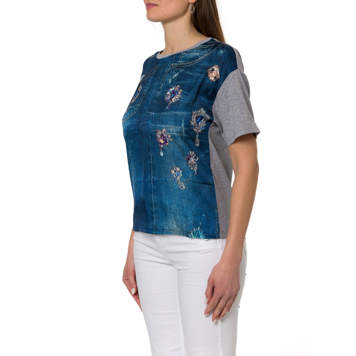 T-shirt con stampa denim e applicazioni gioiello Liu Jo
